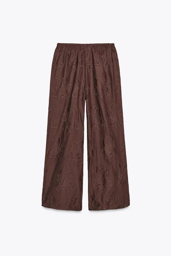 БРЮКИ В ПИЖАМНОМ СТИЛЕ С ВЫШИВКОЙ — ZW COLLECTION