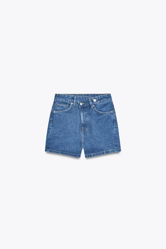 ДЖИНСОВЫЕ ШОРТЫ TRF С ВЫСОКОЙ ПОСАДКОЙ MOM FIT И КОСОЙ ЗАСТЕЖКОЙ