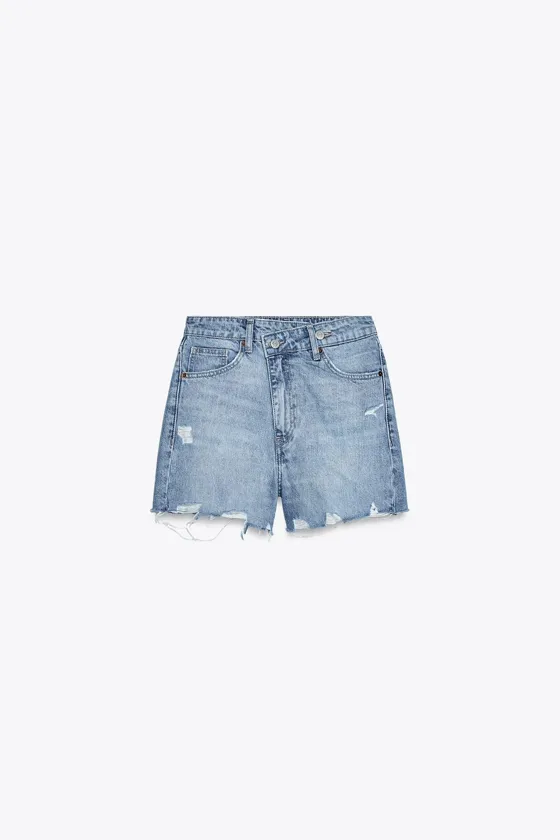 ДЖИНСОВЫЕ ШОРТЫ TRF С ВЫСОКОЙ ПОСАДКОЙ MOM FIT И КОСОЙ ЗАСТЕЖКОЙ