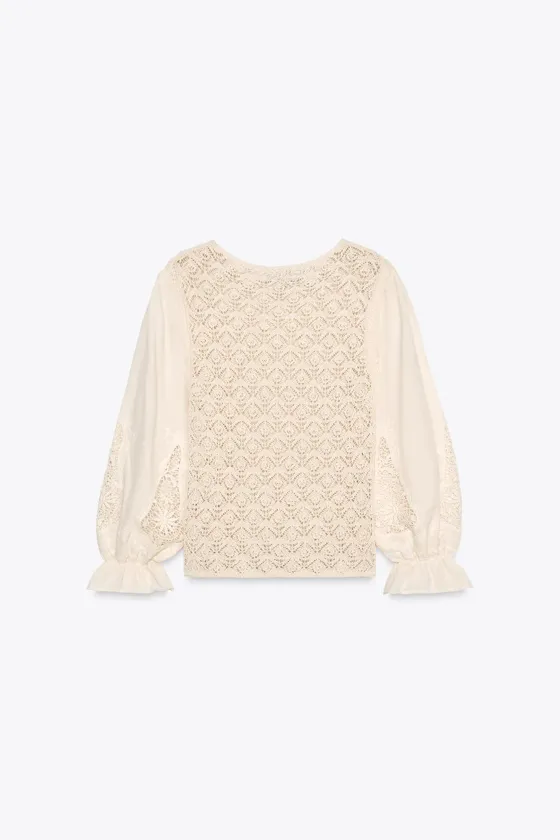 ТОП ИЗ АЖУРНОГО ТРИКОТАЖА С РУКАВАМИ ИЗ ТКАНИ