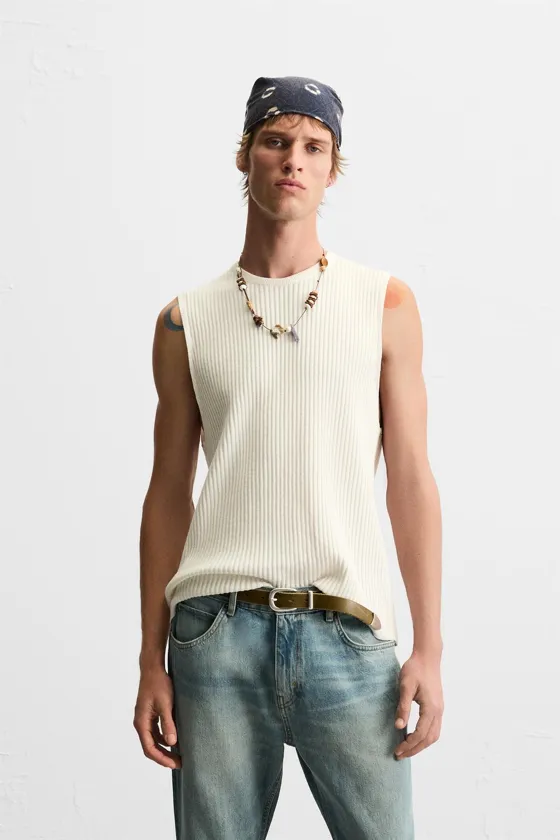 ТРИКОТАЖНЫЙ ТОП БЕЗ РУКАВОВ В РУБЧИК