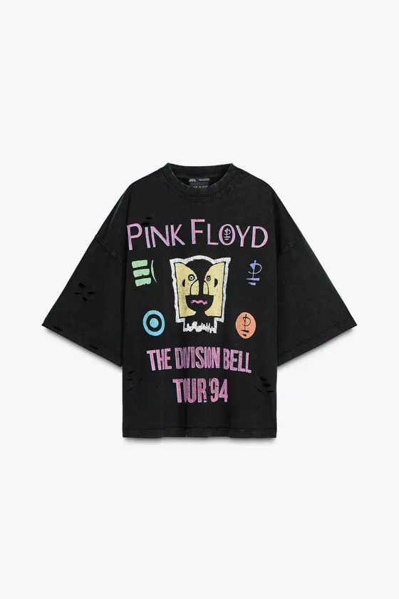 ФУТБОЛКА ИЗ ТКАНИ С ЭФФЕКТОМ ПОТЕРТОСТИ С ПРИНТОМ PINK FLOYD