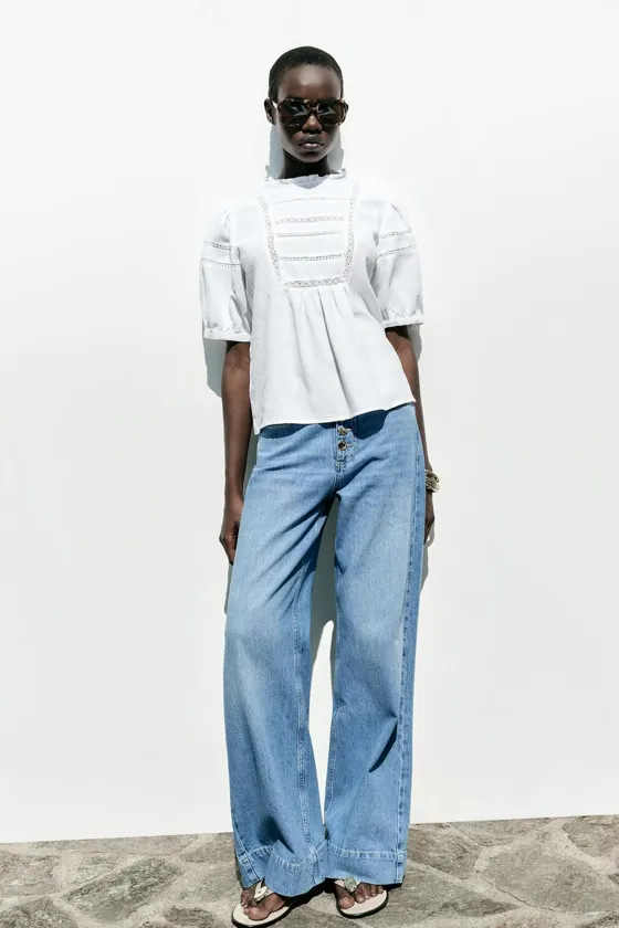 РУБАШКА ИЗ СМЕСОВОЙ ТКАНИ РАМИ С КРУЖЕВОМ