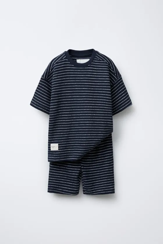 STRIPED TOWELLING EFFECT T-SHIRT AND BERMUDA SHORTS SET