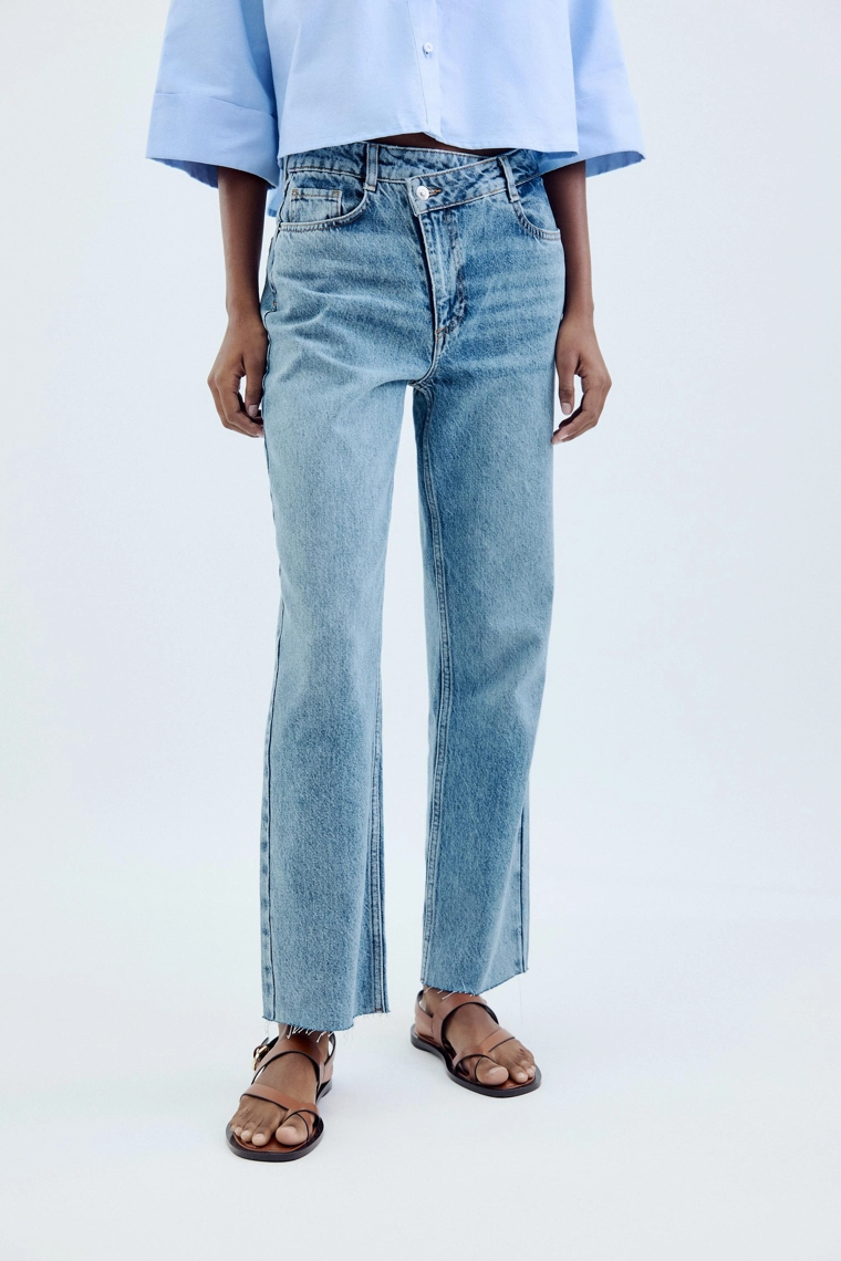 Джинсы zara z.09 прямого кроя на высокой талии с перекрестным поясом на щиколотку