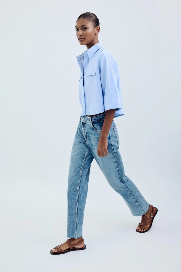 Джинсы zara z.09 прямого кроя на высокой талии с перекрестным поясом на щиколотку