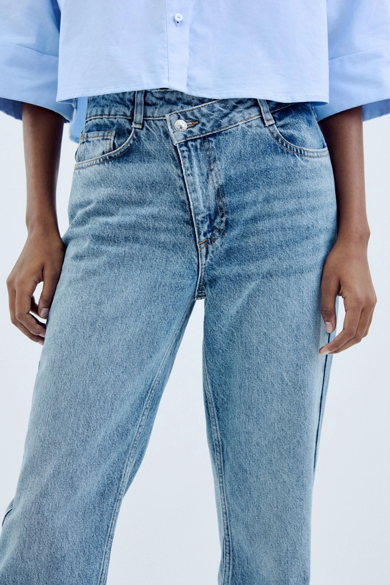 Джинсы zara z.09 прямого кроя на высокой талии с перекрестным поясом на щиколотку