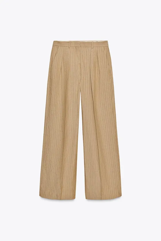 БРЮКИ ИЗ СМЕСОВОГО ЛЬНА В ПОЛОСКУ С ЗАЩИПАМИ — ZW COLLECTION