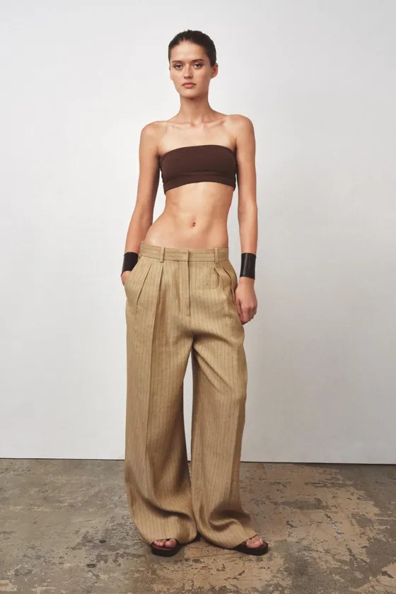 БРЮКИ ИЗ СМЕСОВОГО ЛЬНА В ПОЛОСКУ С ЗАЩИПАМИ — ZW COLLECTION
