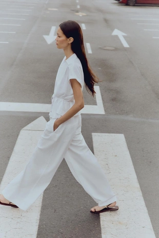 Блуза из смесового льна с поясом- Заказать в России