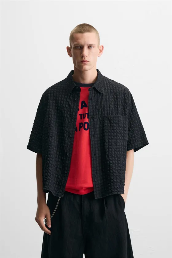 РУБАШКА ИЗ ЖАТОЙ ТКАНИ В МЕЛКУЮ ПОЛОСКУ