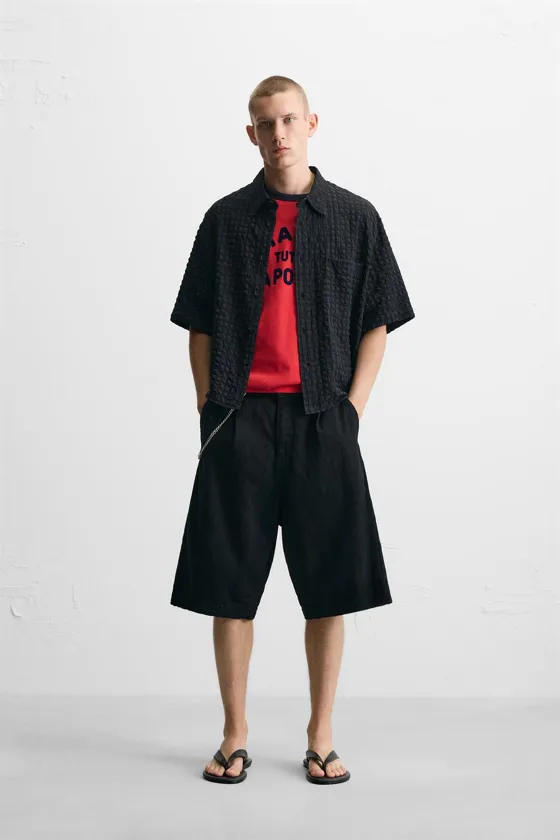 РУБАШКА ИЗ ЖАТОЙ ТКАНИ В МЕЛКУЮ ПОЛОСКУ