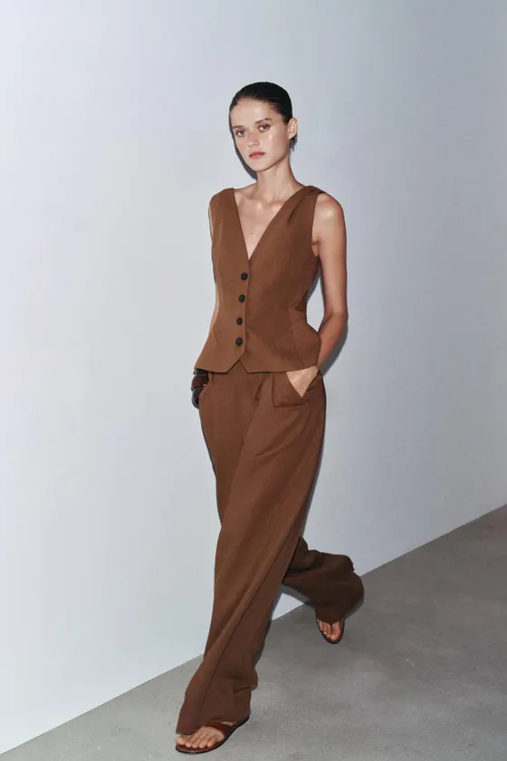 БРЮКИ ИЗ СМЕСОВОГО ЛЬНА С ЗАЩИПАМИ — ZW COLLECTION