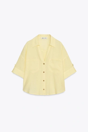 Укороченная рубашка из смесового льна- Заказать в России