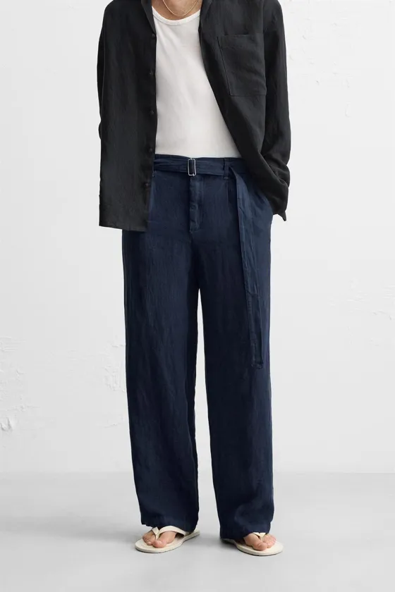 БРЮКИ ИЗ 100% ЛЬНА С РЕМНЕМ