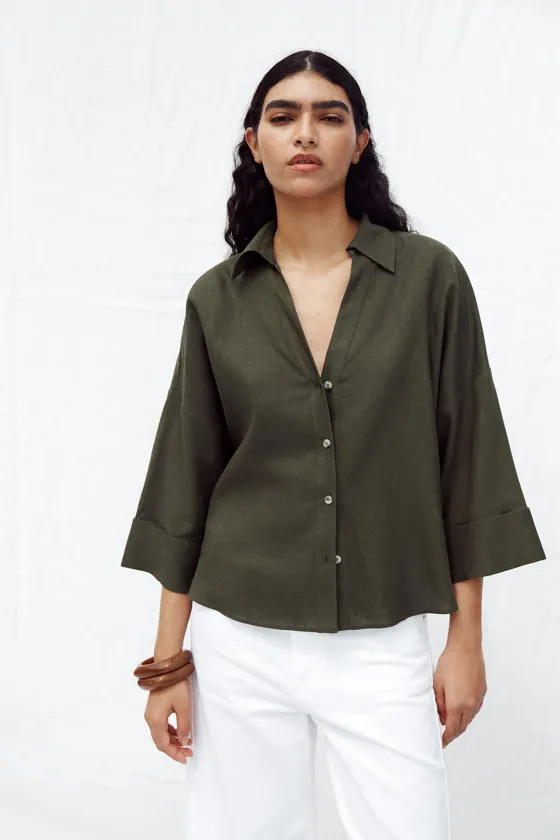 РУБАШКА ИЗ СМЕСОВОГО ЛЬНА С ШИРОКИМИ РУКАВАМИ