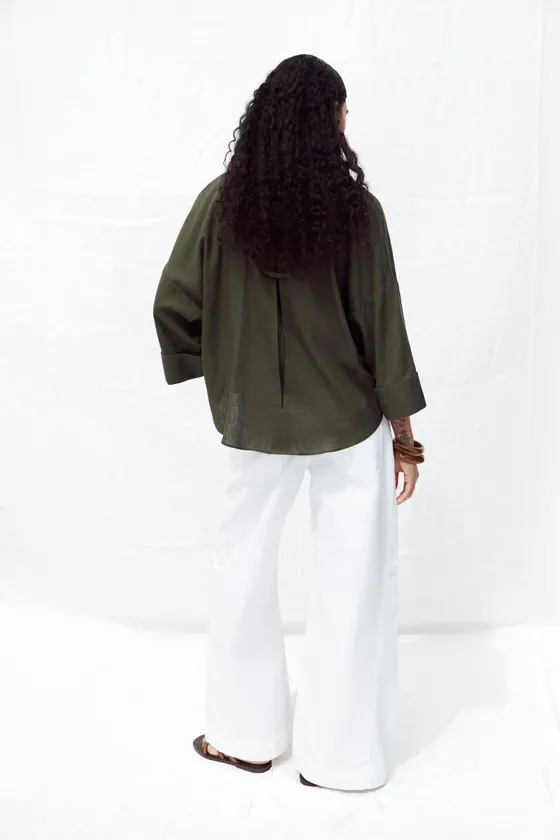 РУБАШКА ИЗ СМЕСОВОГО ЛЬНА С ШИРОКИМИ РУКАВАМИ