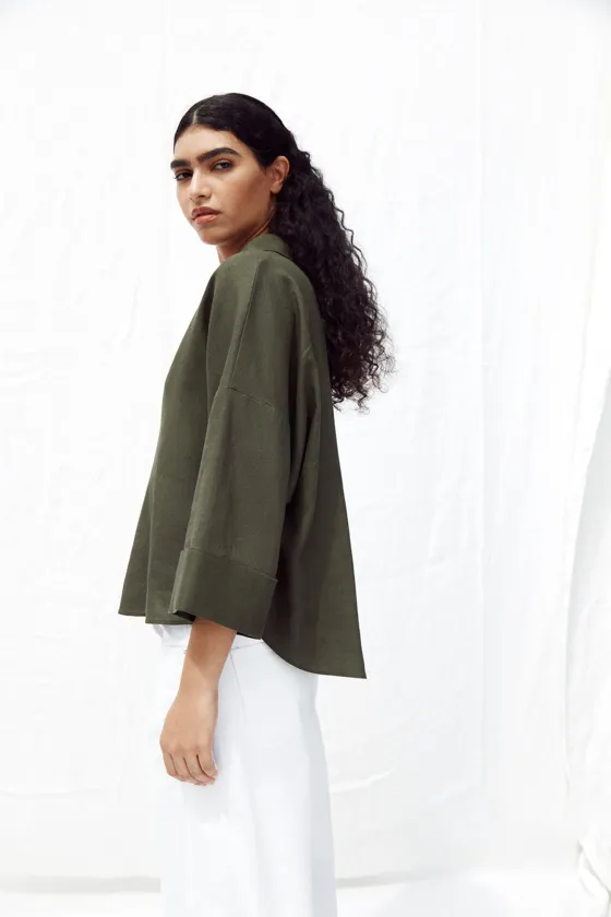 РУБАШКА ИЗ СМЕСОВОГО ЛЬНА С ШИРОКИМИ РУКАВАМИ