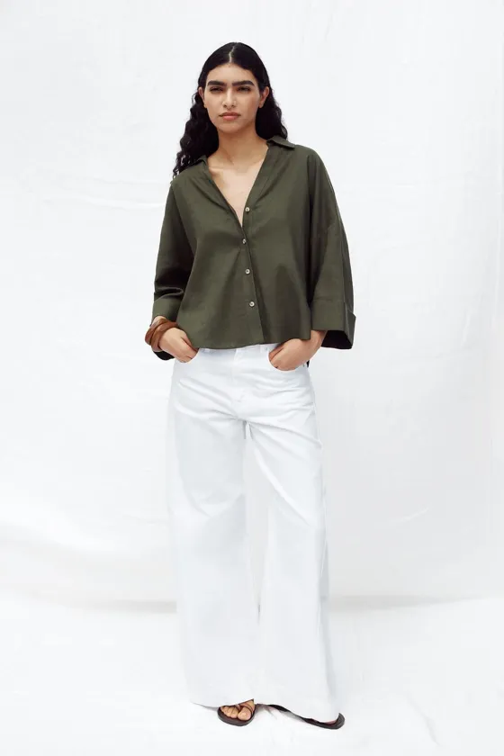 РУБАШКА ИЗ СМЕСОВОГО ЛЬНА С ШИРОКИМИ РУКАВАМИ