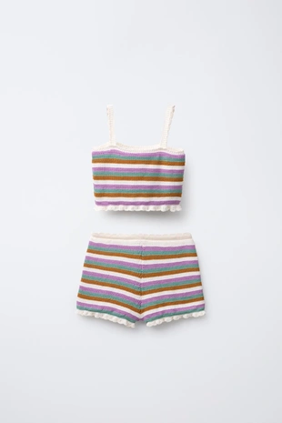 Комплект из вязаного топа и бермуд для девочек от 3 до 6 лет в полоску- Заказать в России