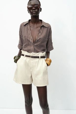 Укороченная рубашка из смесового льна- Заказать в России