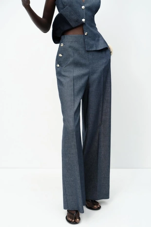 Широкие брюки с пуговицами из льна- Заказать в России