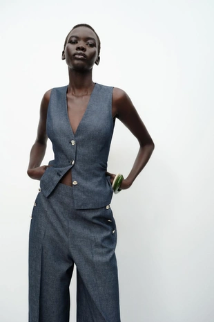 Широкие брюки с пуговицами из льна- Заказать в России