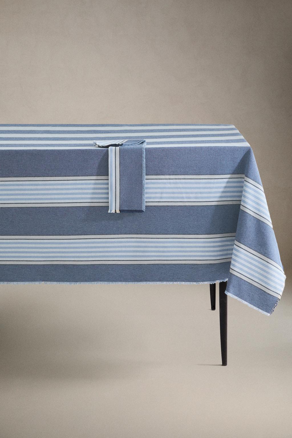 Cotton tablecloth with a coloured stripe design in dyed thread