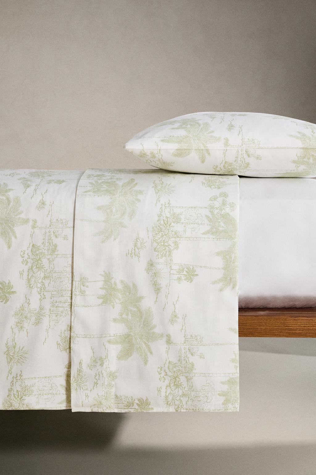 Простыня из хлопкового сатина toile de jouy с пальмовым деревом