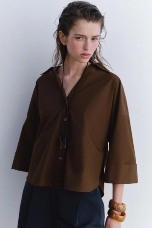 Рубашка из поплина с широкими рукавами- Заказать в России