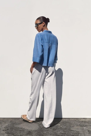 Рубашка из смесового льна с широкими рукавами- Заказать в России