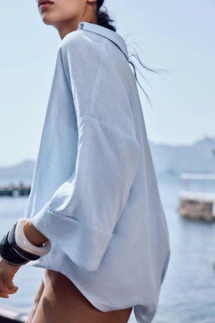 Рубашка из смесового льна с широкими рукавами