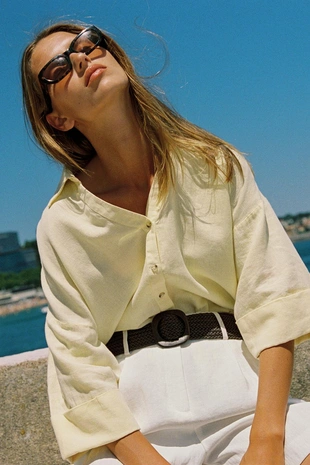 Купить Zara Рубашка из смесового льна с широкими рукавами