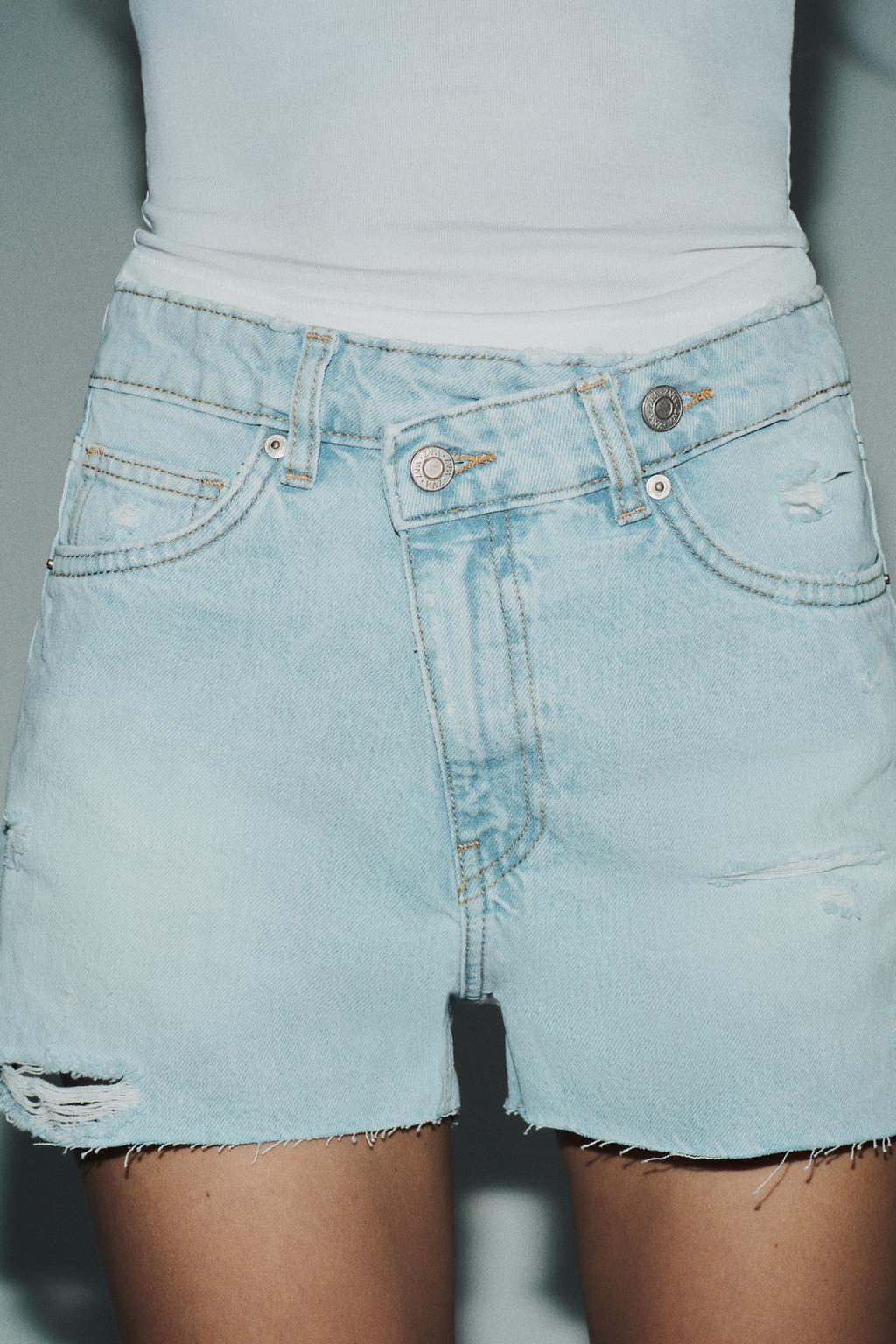 HIGH-WAIST CROSSOVER WAIST MOM FIT TRF DENIM BERMUDA SHORTS