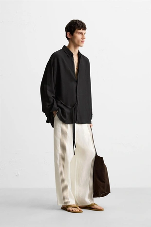 Рубашка из вискозы и льна с лентой- Заказать в России