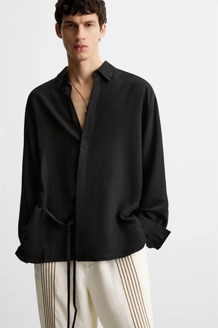 Рубашка из вискозы и льна с лентой- Заказать в России