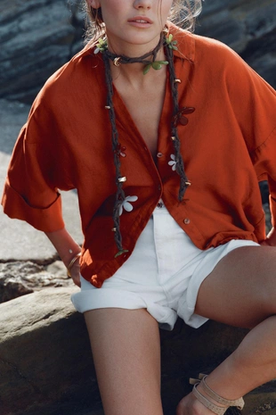 Купить Zara Рубашка из смесового льна с широкими рукавами