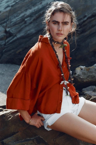 Terracotta | 3457/734/658 - Zara Рубашка из смесового льна с широкими рукавами