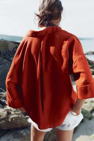 Рубашка из смесового льна с широкими рукавами