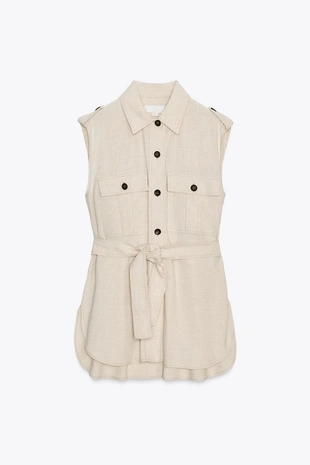 Длинный жилет с поясом из льняной ткани- Заказать в России