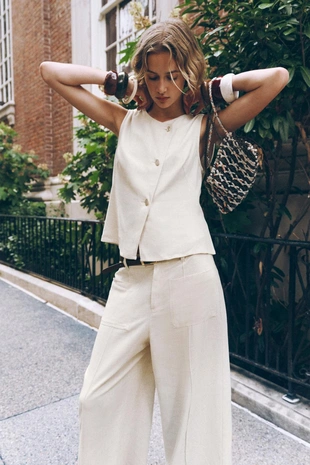 Брюки-кюлоты с ремнем из льна- Заказать в России