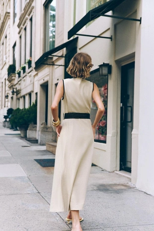 Платье-миди из льна с поясом- Заказать в России