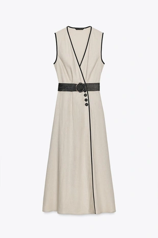Платье-миди из льна с поясом- Заказать в России