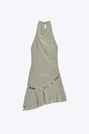 Короткое платье-халтер в полоску с поясом- Заказать в России