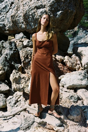 Платье-миди изо льна- Заказать в России