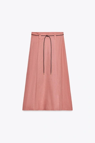 Юбка-миди с ремнем и льном- Заказать в России
