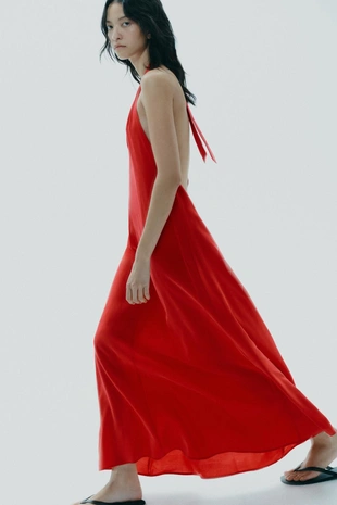 Платье миди с горловиной халтер и завязками- Заказать в России