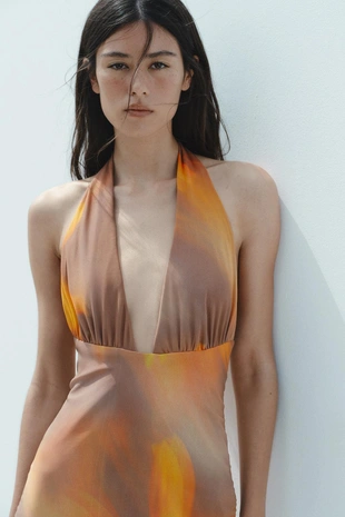 Платье миди с халтером из тюля с принтом- Заказать в России