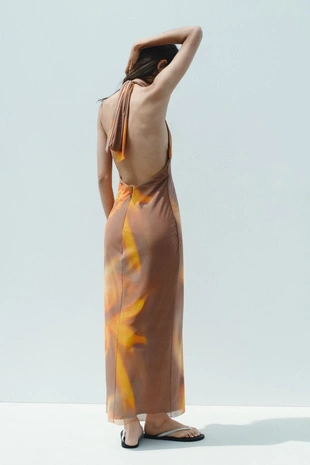 Платье миди с халтером из тюля с принтом- Заказать в России