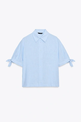 Рубашка из рами с короткими рукавами и завязками- Заказать в России